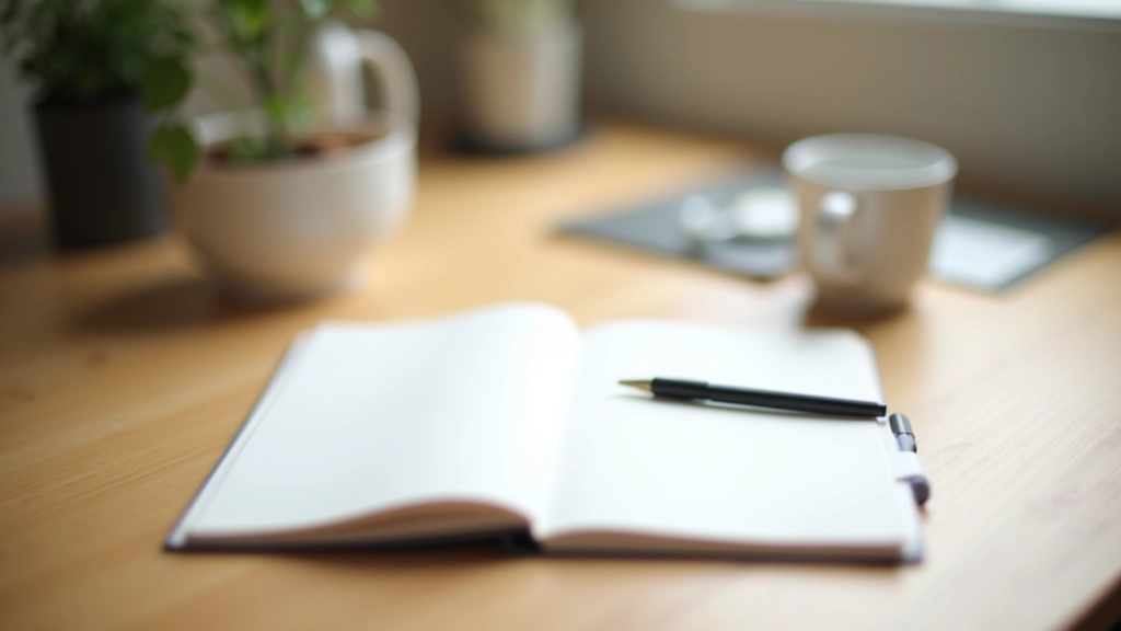 Arbejdsplads med notesblok, pen og kaffe kop på minimalistisk skrivebord