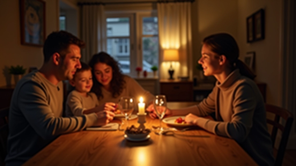 Familie spiser middag sammen ved spisebord uden elektronik