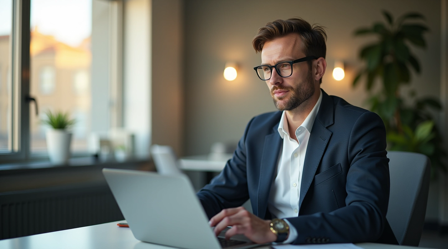 Arbejdsmand sidder ved skrivebord med bærbar computer og tager en pause ved vinduet