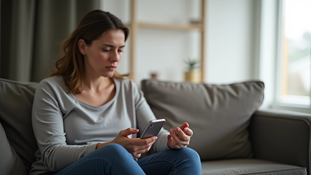 Person sidder på sofa med smartphone i hånden, ulykkeligt udtryk, biler og mennesker udenfor vinduet