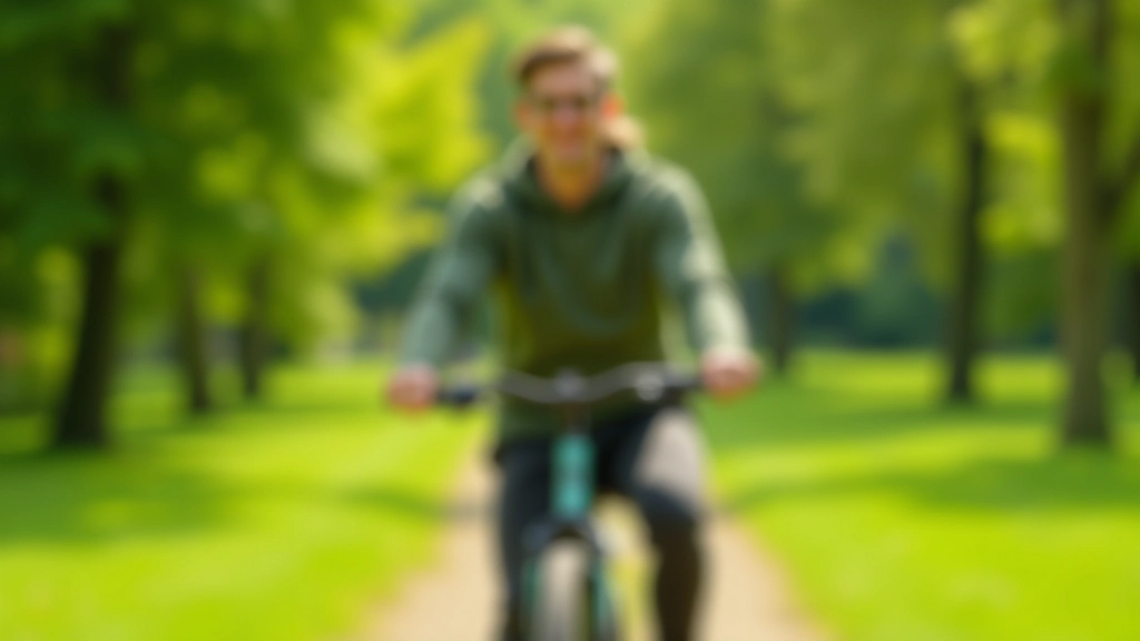 Person på cykel i grøn park med smilet på ansigtet