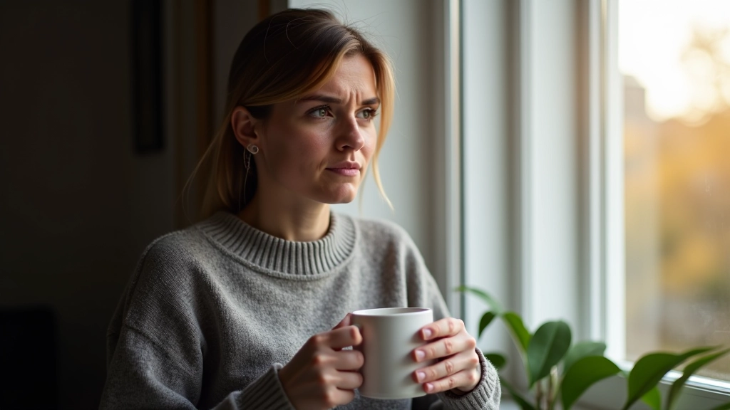 Person holder kop kaffe ved vinduet, ser træt og udmattet ud