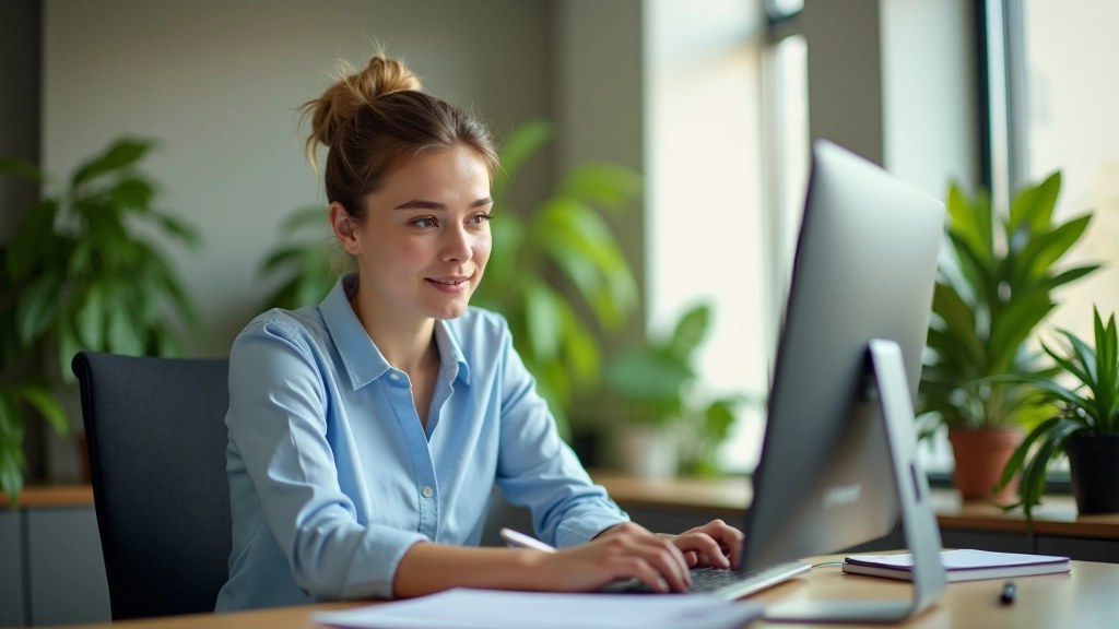Person arbejder ved computer med to skærme i moderne kontor med planter