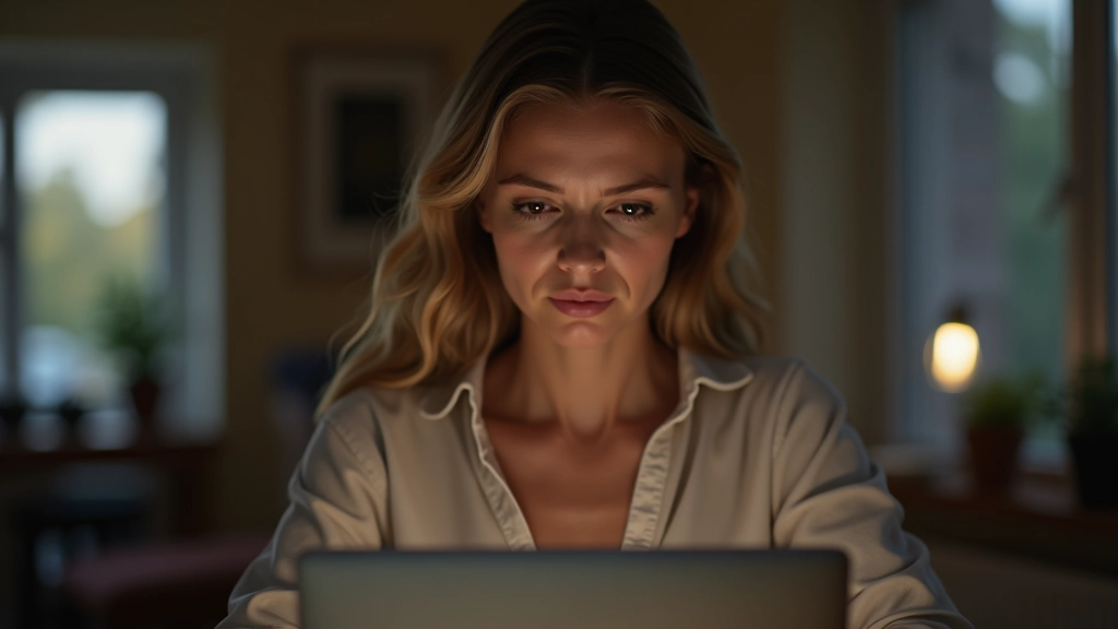 Person arbejder ved laptop sent om aftenen med usikkert udtryk
